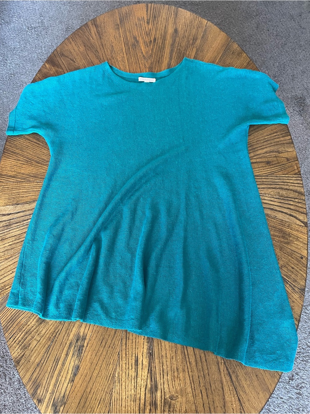 Eileen Fisher Teal Organic Linen Asymmetrical Knit Top